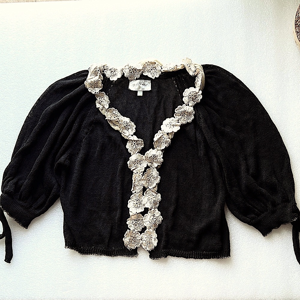 Mystree Black Blouse with Cream Floral Trim